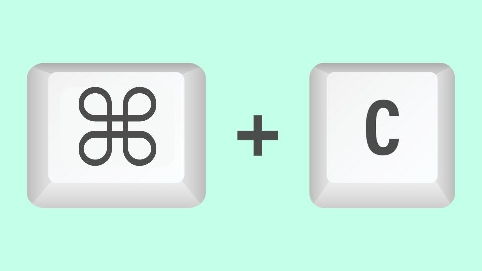 The command key and C key from a mac keyboard on a mint green background.