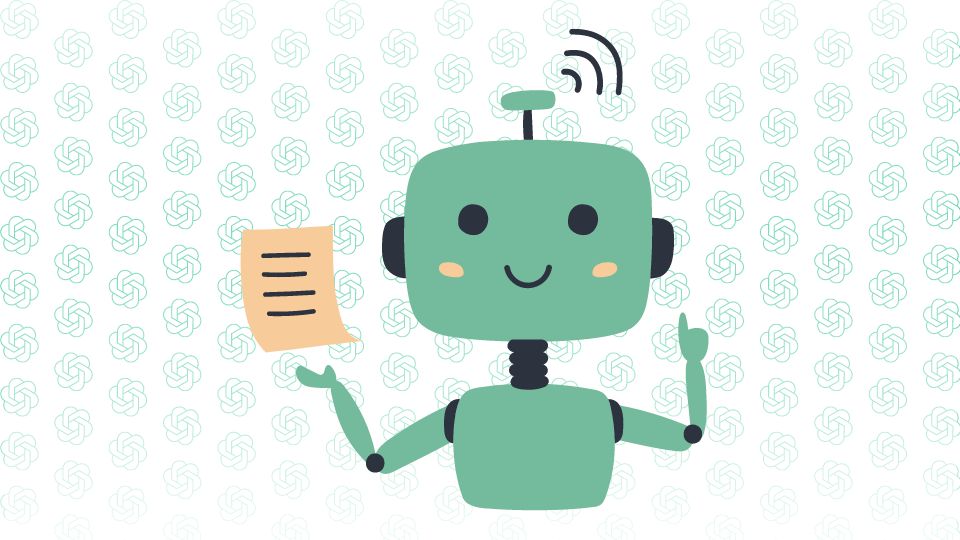 A cute robot holding a script with a bunch of ChatGPT logos in the background.