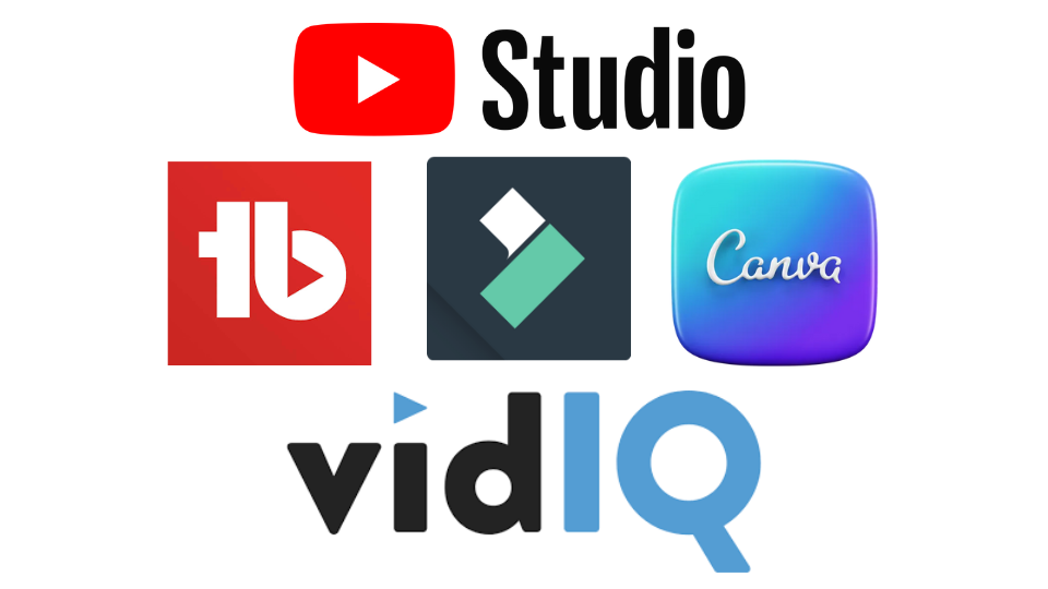 YouTube Studio, TubeBuddy, VidlQ, Wondershare Filmora, and Canva logos stacked.