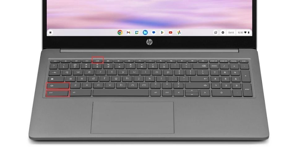 The keyboard of a Google Chromebook with the control, shift, and show windows keys highlighted.