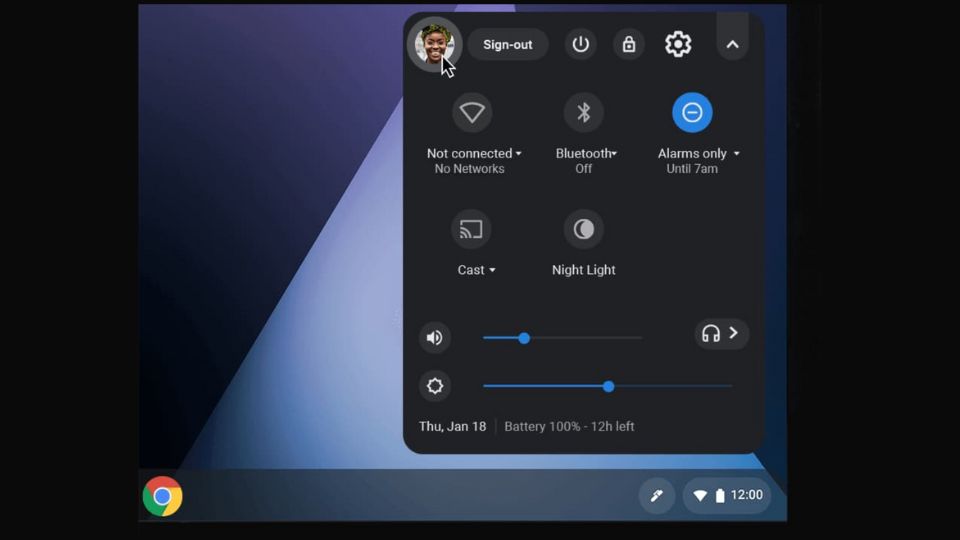 A screenshot of the Quick Settings panel on a Chromebook.