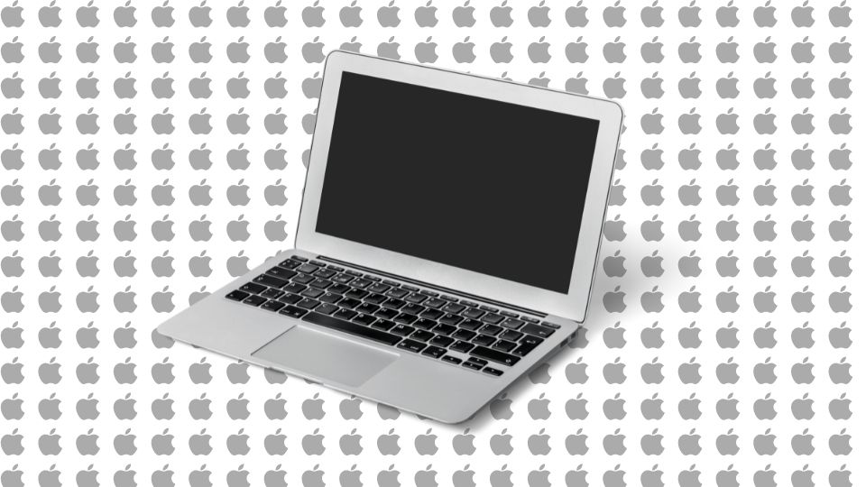 An Apple macbook with multiple Apple logos in the background.