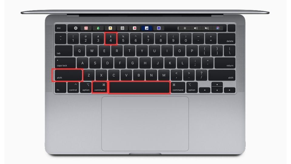 A macbook keyboard with red squares on the command, shift, 4, and space bar buttons.