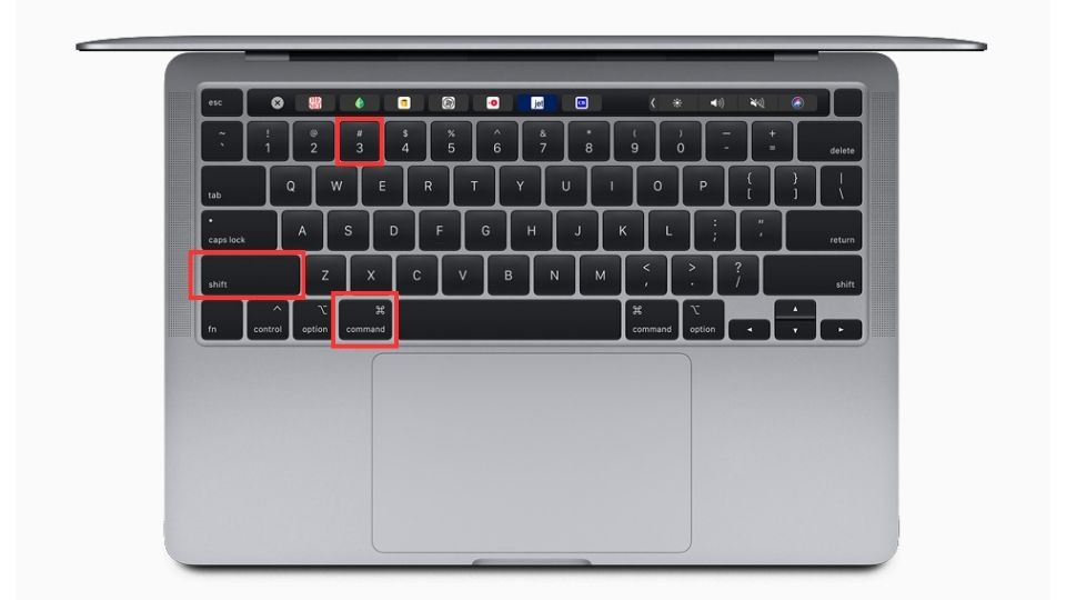 A macbook keyboard with red squares on the command, shift, and 3 buttons.