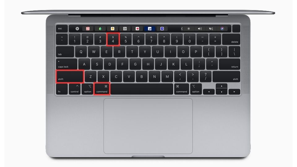 A macbook keyboard with red squares on the command, shift, and 4 buttons.