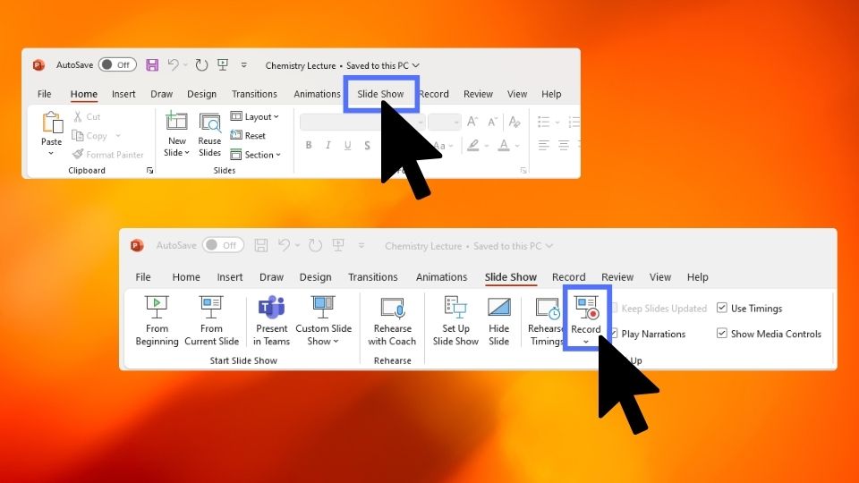 Cursors showing how to record a slide show on PowerPoint with a orange gradient background.