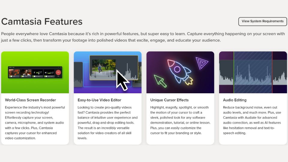 A few of Camtasia features like a screen recorder, video editor, and audio editing.