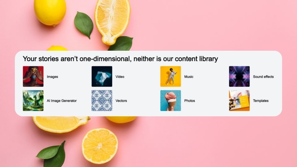 Shutterstock's content library with a pink and lemon background.