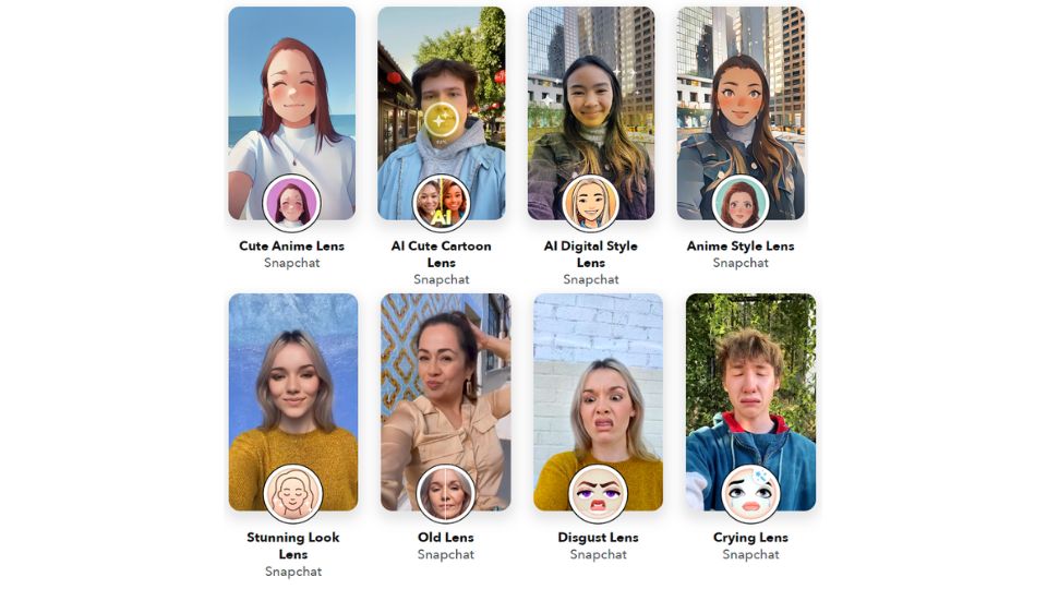 Different types of Snapchat Lens with AI features.