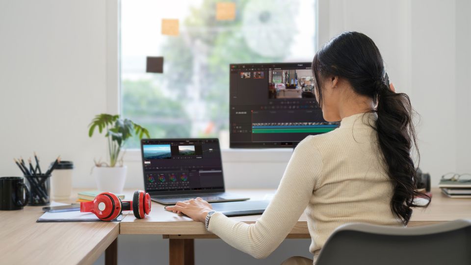 A woman editing on a Apple Macbook and using Adobe Premiere Pro,