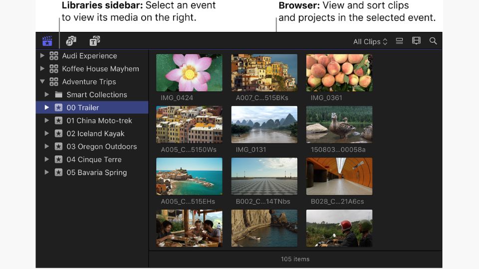 Final Cut Pro X's Library interface with features like Libraries sidebar and Browser emphasized.