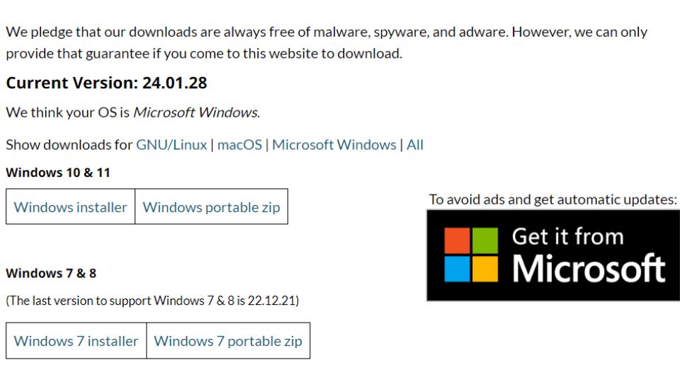 Shotcut's free download options with an emphasis to purchase on Microsoft Windows.