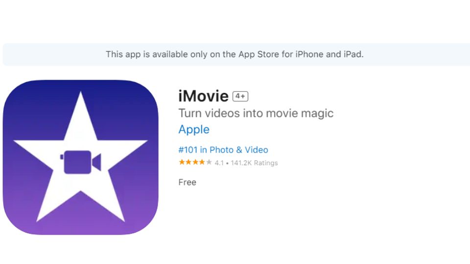 iMovie's App Store listing with its purple logo.