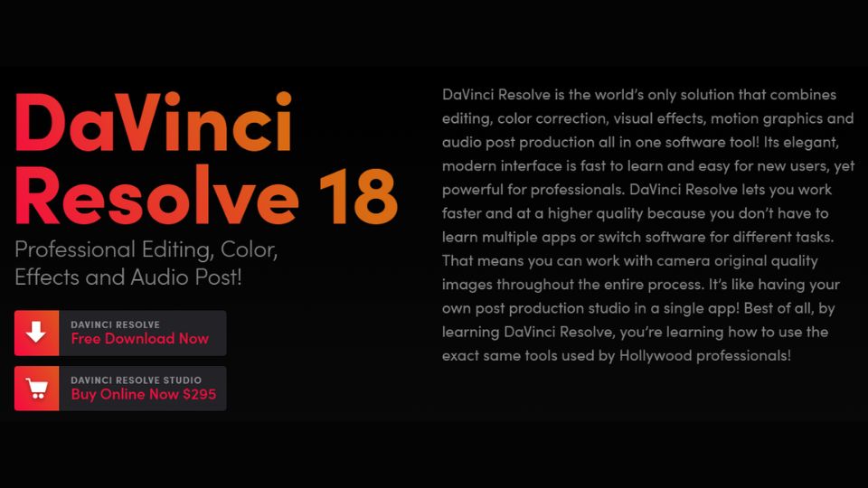 DaVinci Resolve 18's homepage featuring a description and download button.