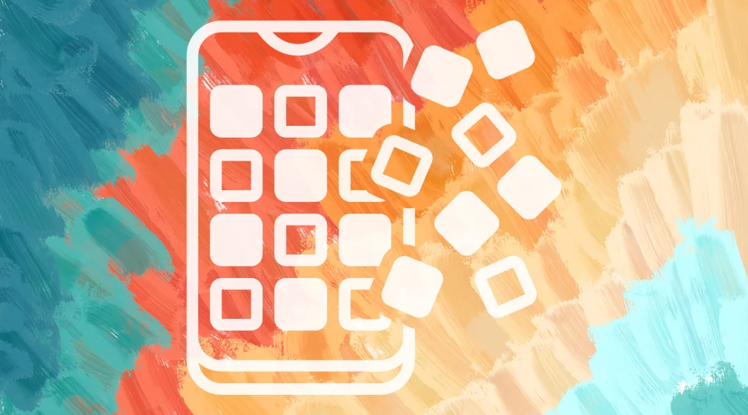 The apps on a smartphone flying off it with a paint brush stroke background