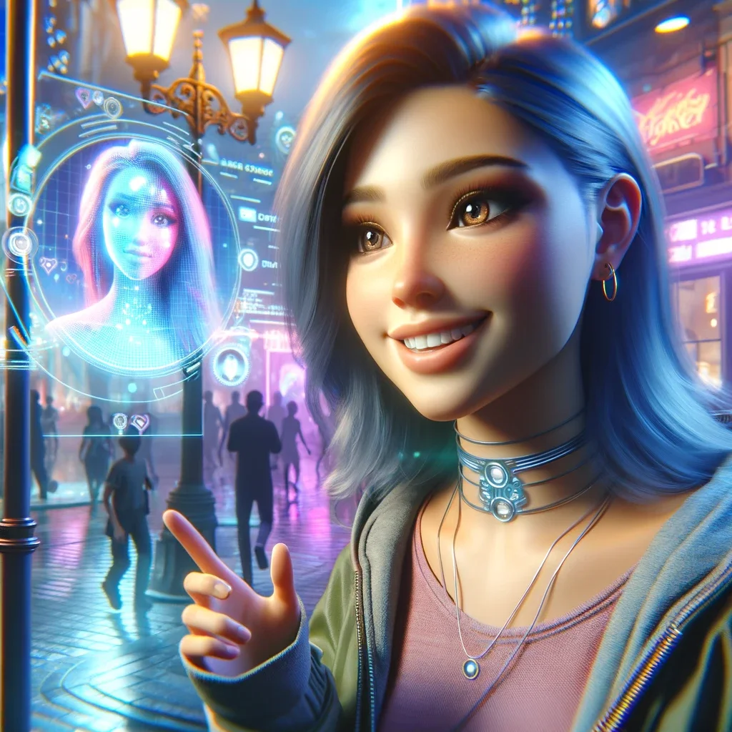 The image showcases a human-like, gorgeous woman engaging in a conversation in a virtual space, set against a futuristic background. This setting creates an immersive experience, blending advanced technology with a sense of personal connection..