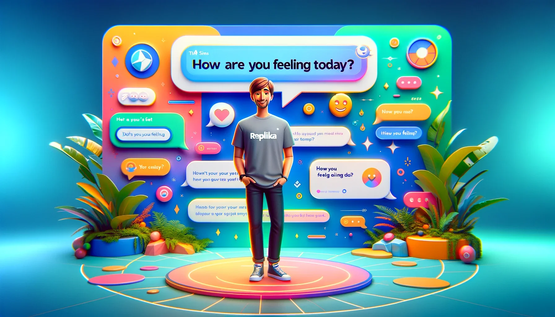 In the center, there's a prominent text bubble asking "How are you feeling today?" The background is lively and colorful, creating an engaging scene.