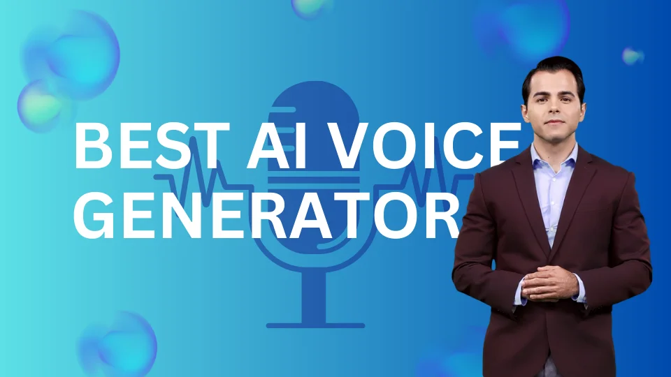 DeepBrain AI's AI Avatar standing next a blue microphone and Best AI Voice Generator text.