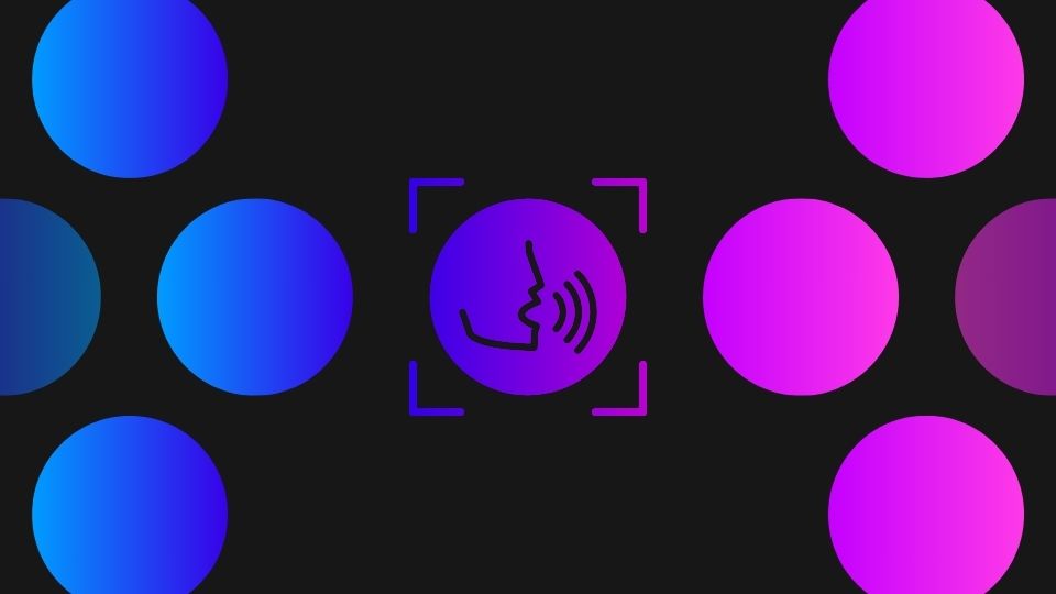 A person speaking with an open box around them and blue and purple gradient circles.