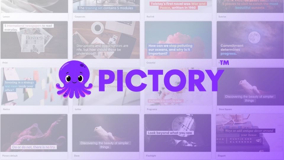 Pictory's video templates with Pictory's purple logo featuring a cute octopus.