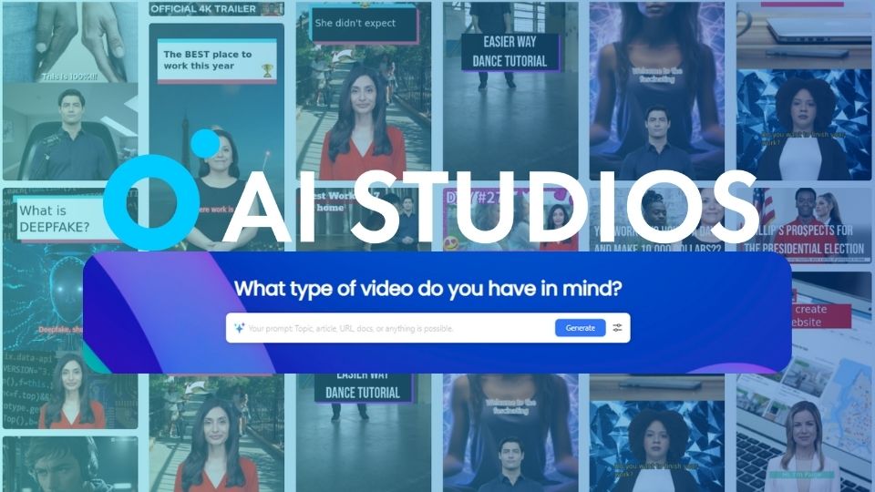 DeepBrain AI's AI Studios' templates with a search bar and AI Studios logo.