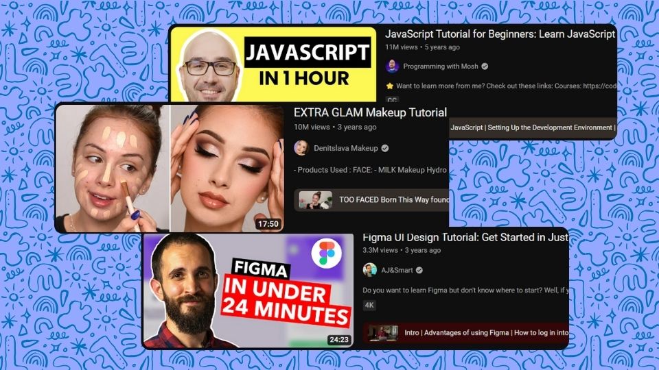 Thumbnails from tutorial YouTube videos like Programming with Mosh, Dentislava Makeup, and AJ&Smart.