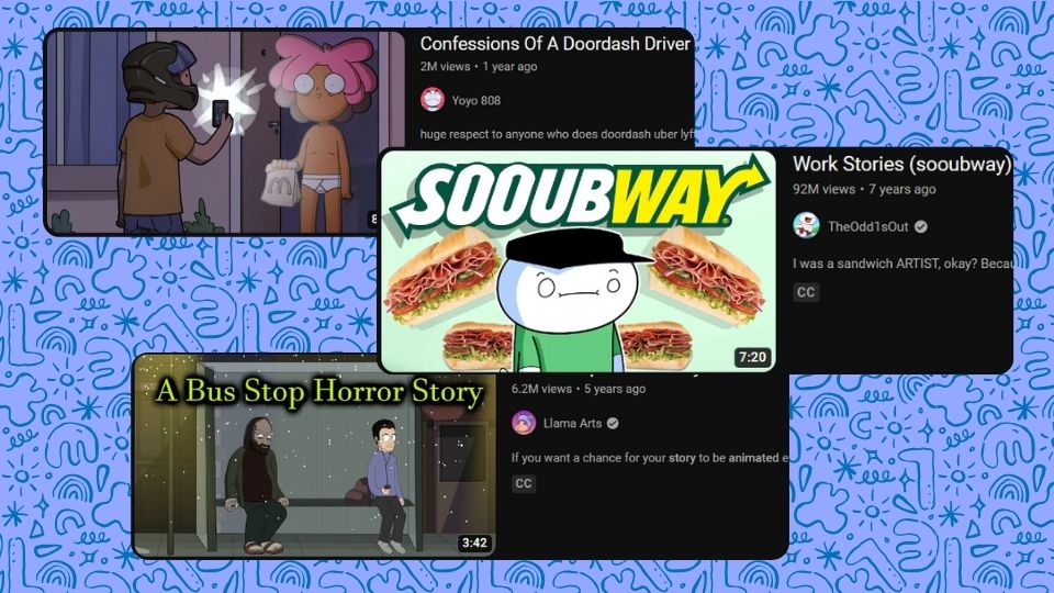 Thumbnails from animation YouTube videos like Yoyo 808 and Llama Arts.