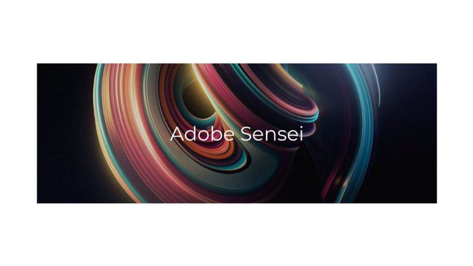 Adobe Sensei's white logo in front of a abstract, colorful background.