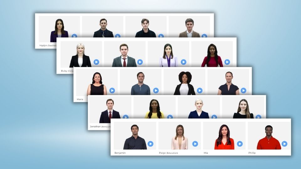 Multiple diverse AI avatars by DeepBrain AI's AI Studios lined up.
