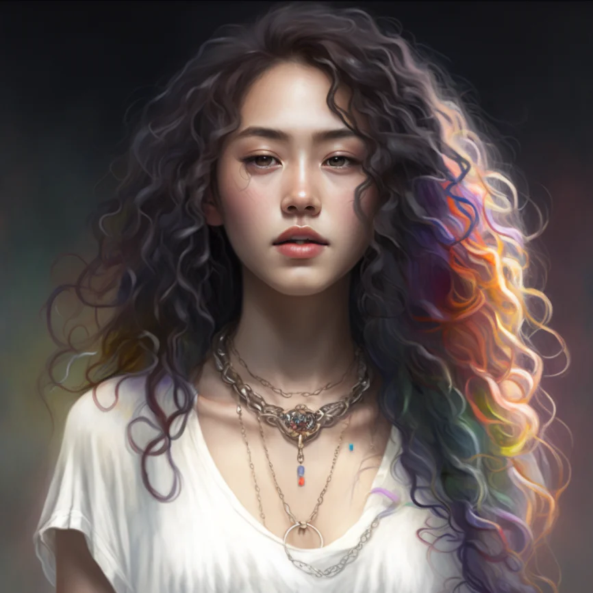 A beautiful Korean woman wearing a white t-shirt, with a colorful necklace and curly hair.