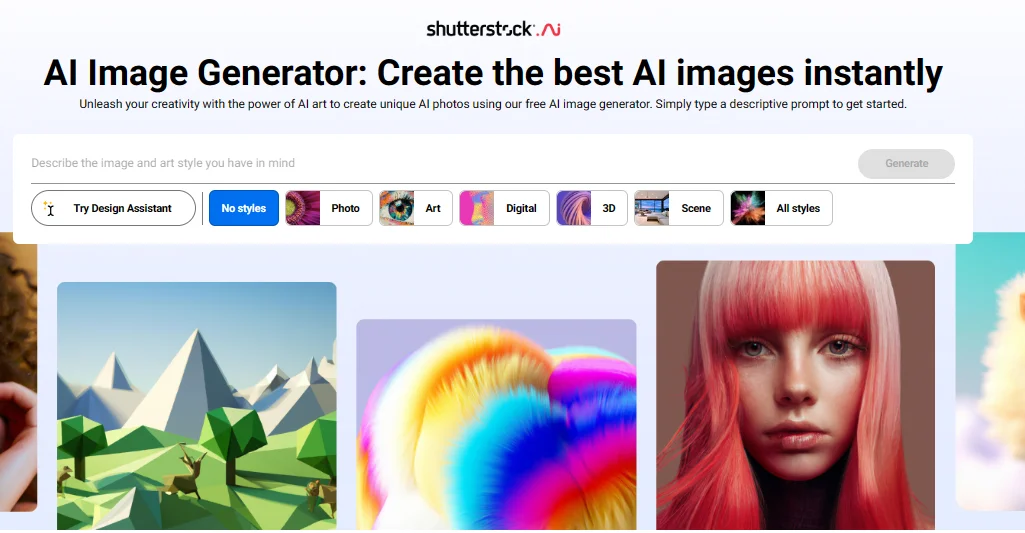 The homepage of Shutterstock AI featuring 3 AI generated images.