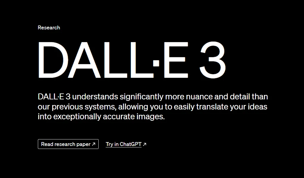 The homepage of DALL-E 3 with white font and a black background.