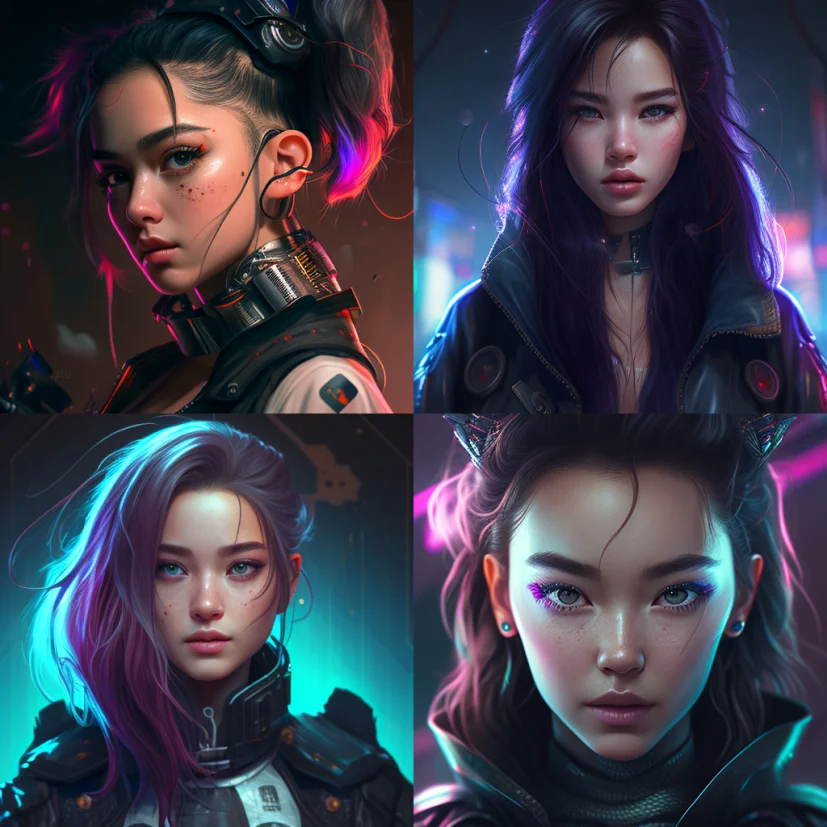 4 AI generated Asian women in a cyberpunk universe.