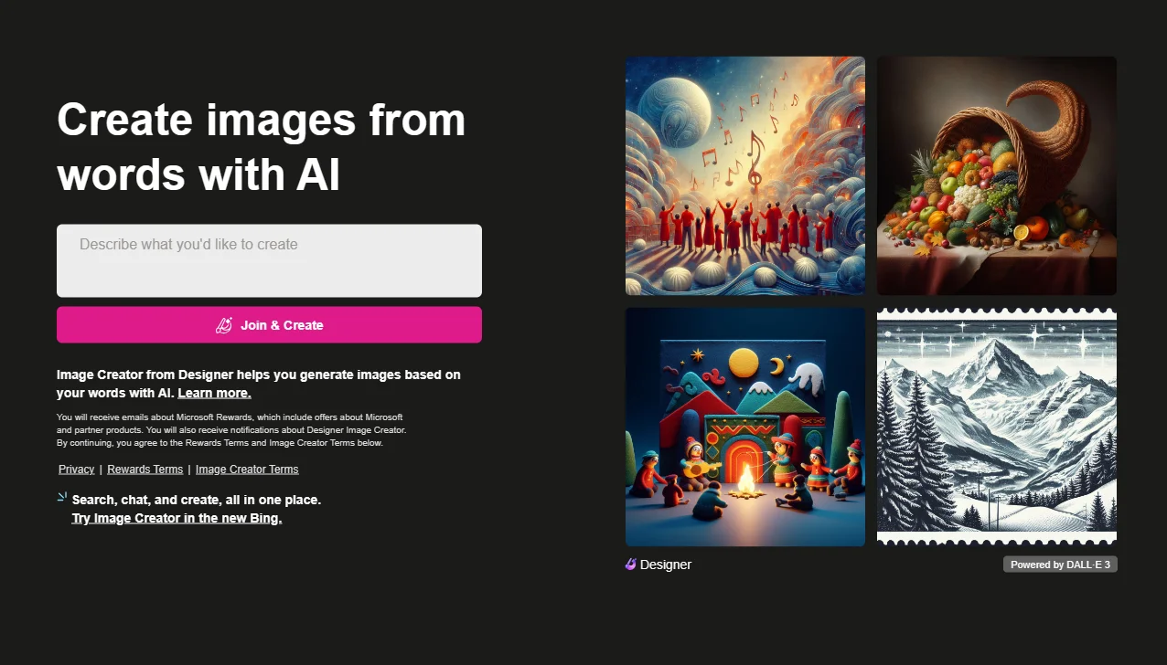 The homepage of Image Creator from Microsoft Bing with 4 AI generated images.