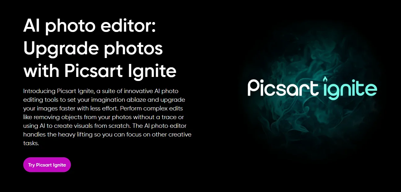 The homepage of Picsart with a black background and a teal fire behind the logo.