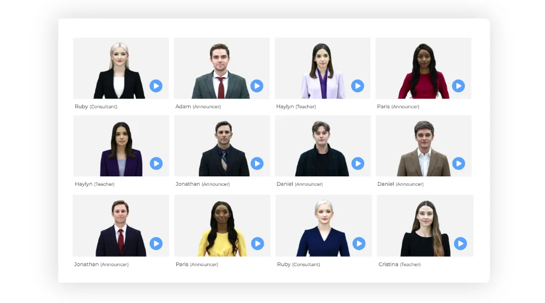 DeepBrain AI's stock AI Avatars next to each other with their names