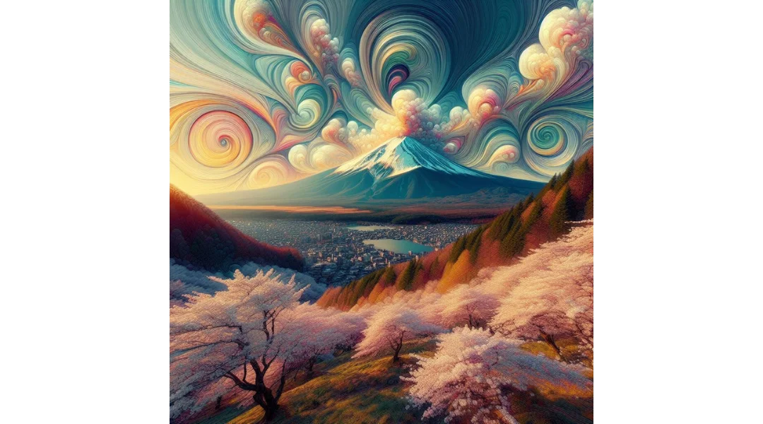 Mount Fuji with pastel swirls coming out of it and cherry blossom trees in foreground