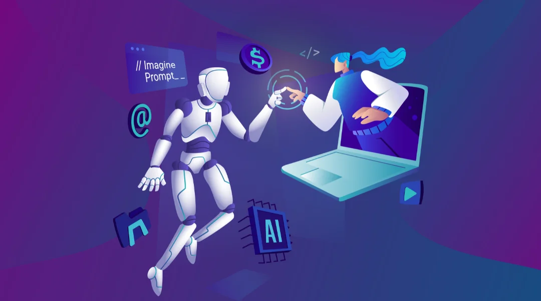 A floating robot touching fingers with a woman coming out of a floating laptop with AI related things floating around them