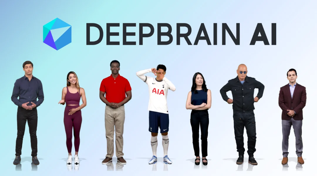 DeepBrain AI's AI Avatars and custom AI Avatars standing together with its logo