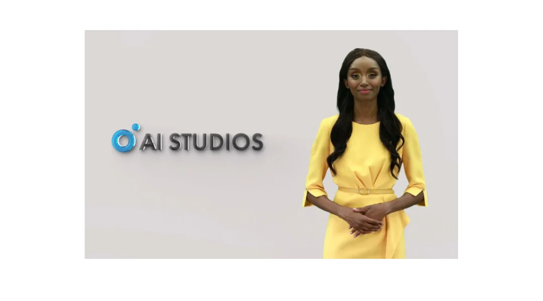 AI Avatar Paris standing next to the AI Studios logo by DeepBrain AI
