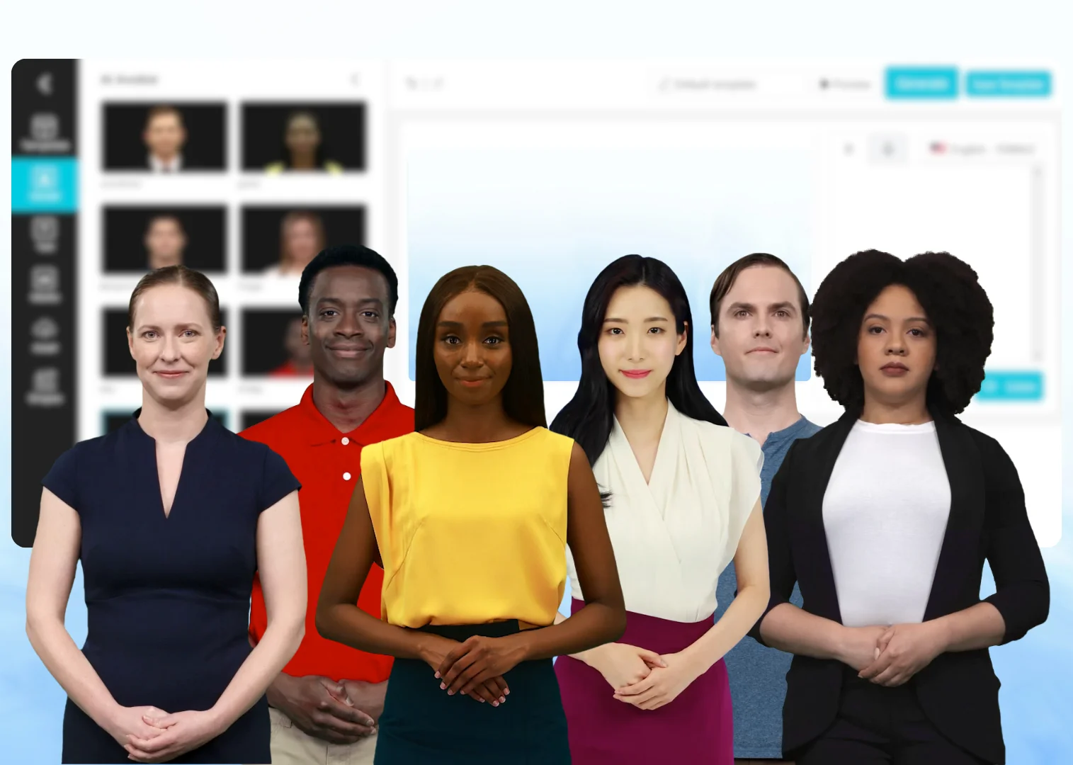 DeepBrain AI's diverse AI avatars in front of AI Studios UI