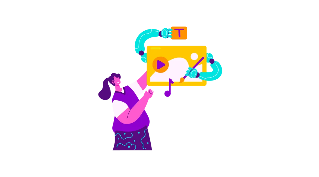 A woman holding a video while two robot arms are coming out of it holding a textbox and a paintbrush
