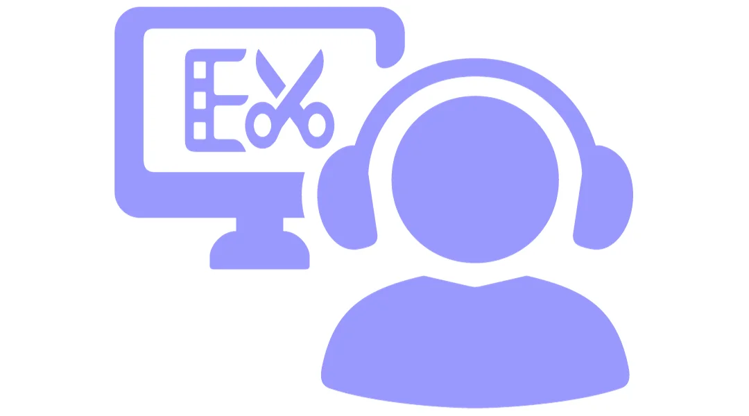 A stick figure head with headphones on it looking at a PC monitor that shows a video editor 