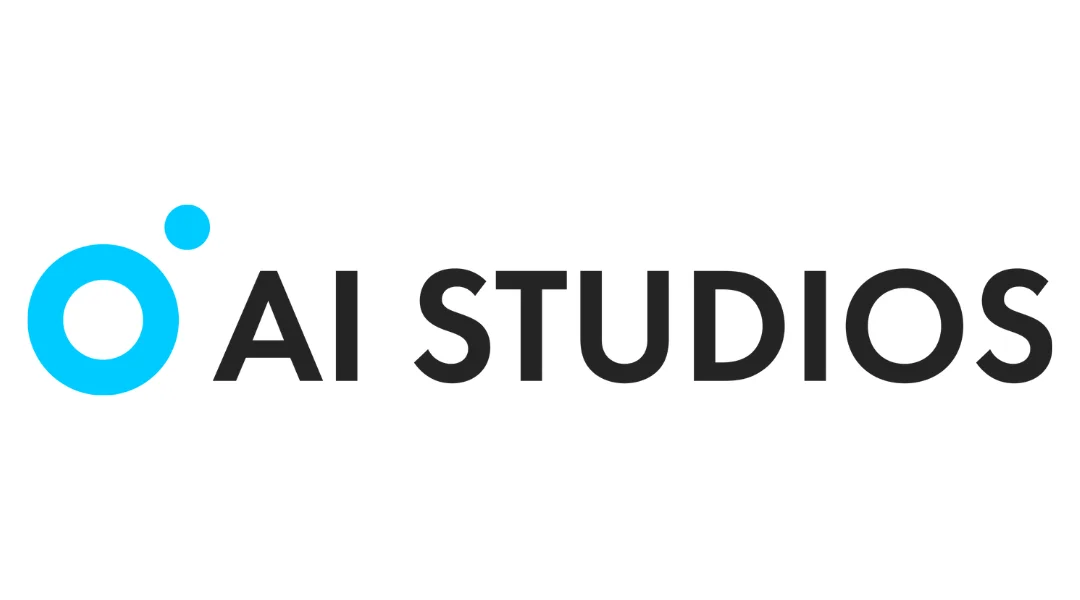 A black DeepBrain AI's AI Studios logo written in all caps with a blue hollow circle and small circle