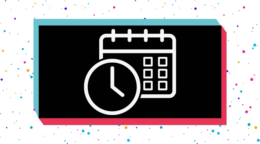A calendar and clock in the middle of a TikTok black bubble with magenta and blue colors