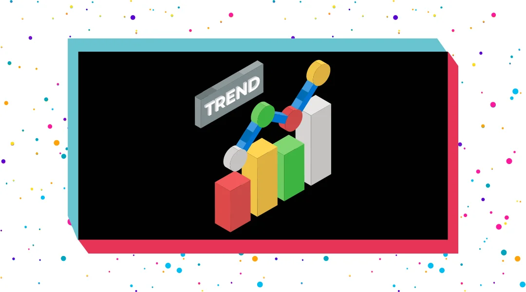 A 3D bar graph increasing with "trend" written on top in the middle of a TikTok black bubble with magenta and blue colors