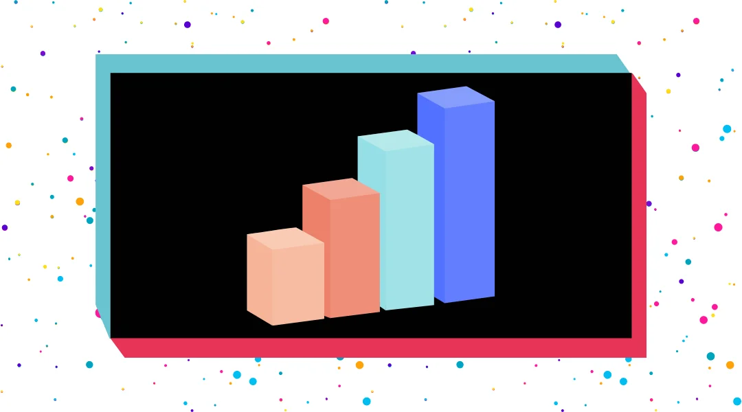 A 3D pastel colored bar graph in the middle of a TikTok black bubble with magenta and blue colors