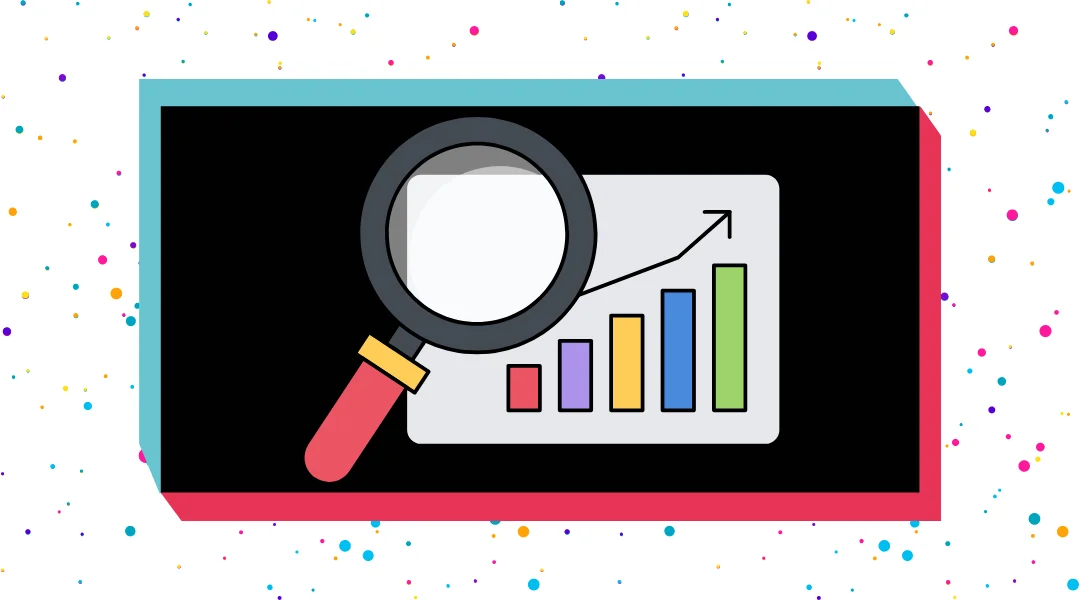 An increasing bar graph with a magnifying glass in the middle of a TikTok black bubble with magenta and blue colors
