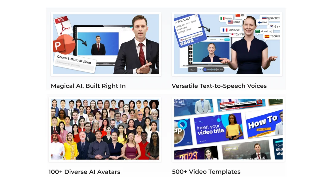 A male AI avatar standing in front of AI capabilities, a female AI avatar standing in front of many languages, a big group of AI Avatars, and video templates by DeepBrain AI