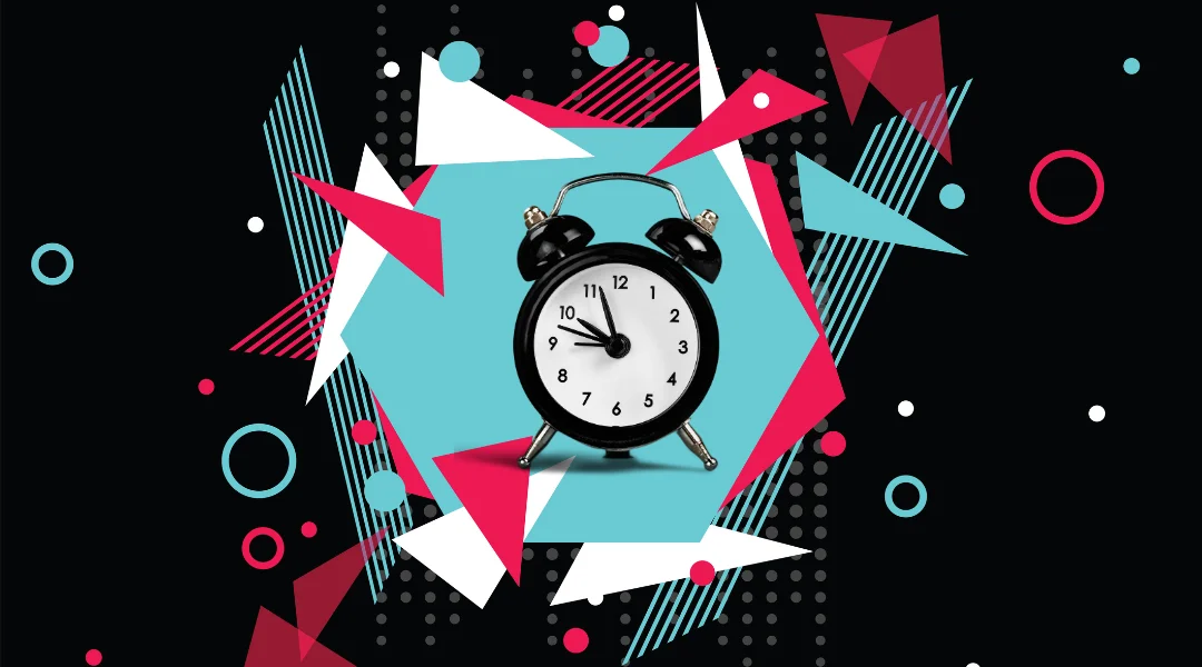 Abstract flat graphics colored blue and magenta like the TikTok logo colors with a clock in the middle of it